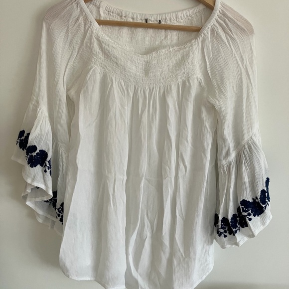 Tops - White Boho Peasant Blouse Black Floral Embroidered Sleeve Off Shoulder Top